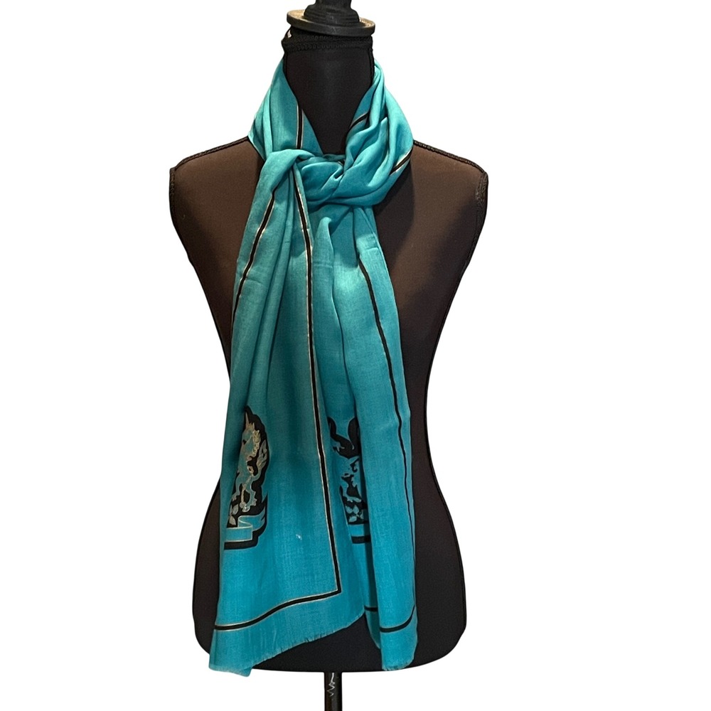 Oscar de la Renta Teal Blue Crest Scarf Gold Metallic Border Eclectic Minimalist